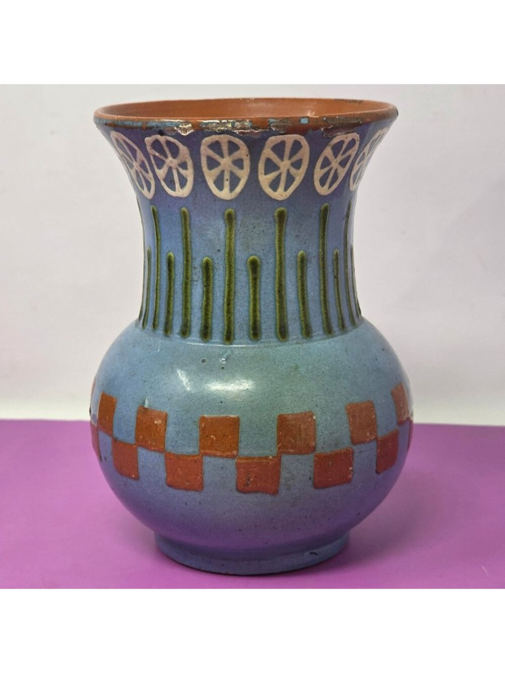Vintage Studio Art Pottery Vase Blue Geometric Hand Thrown Signed 501